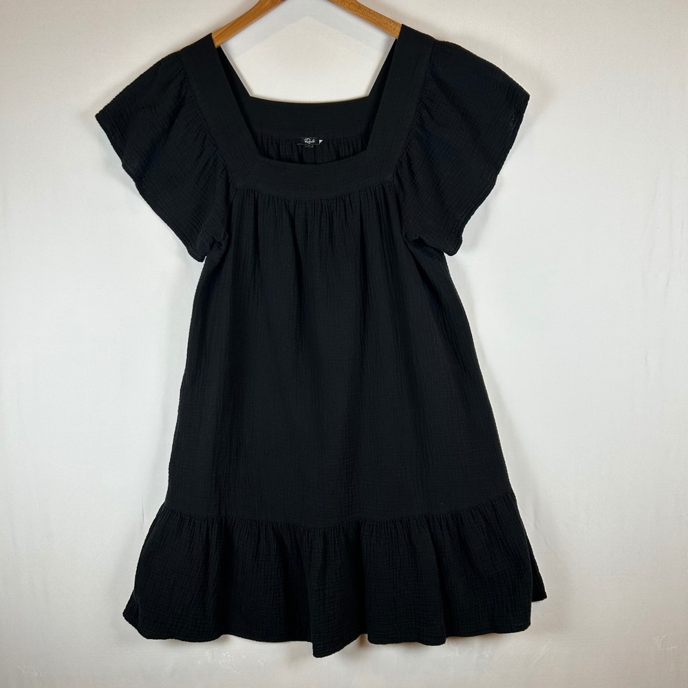 Rails Everdeen Black Cotton Gauze Mini Dress Square Neck Flutter Sleeve L - Picture 2 of 13